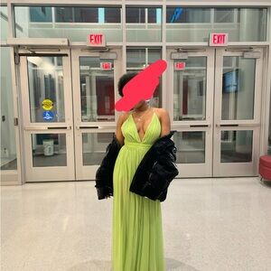 AB Studio Green Pleated Gown Plunge Neckline